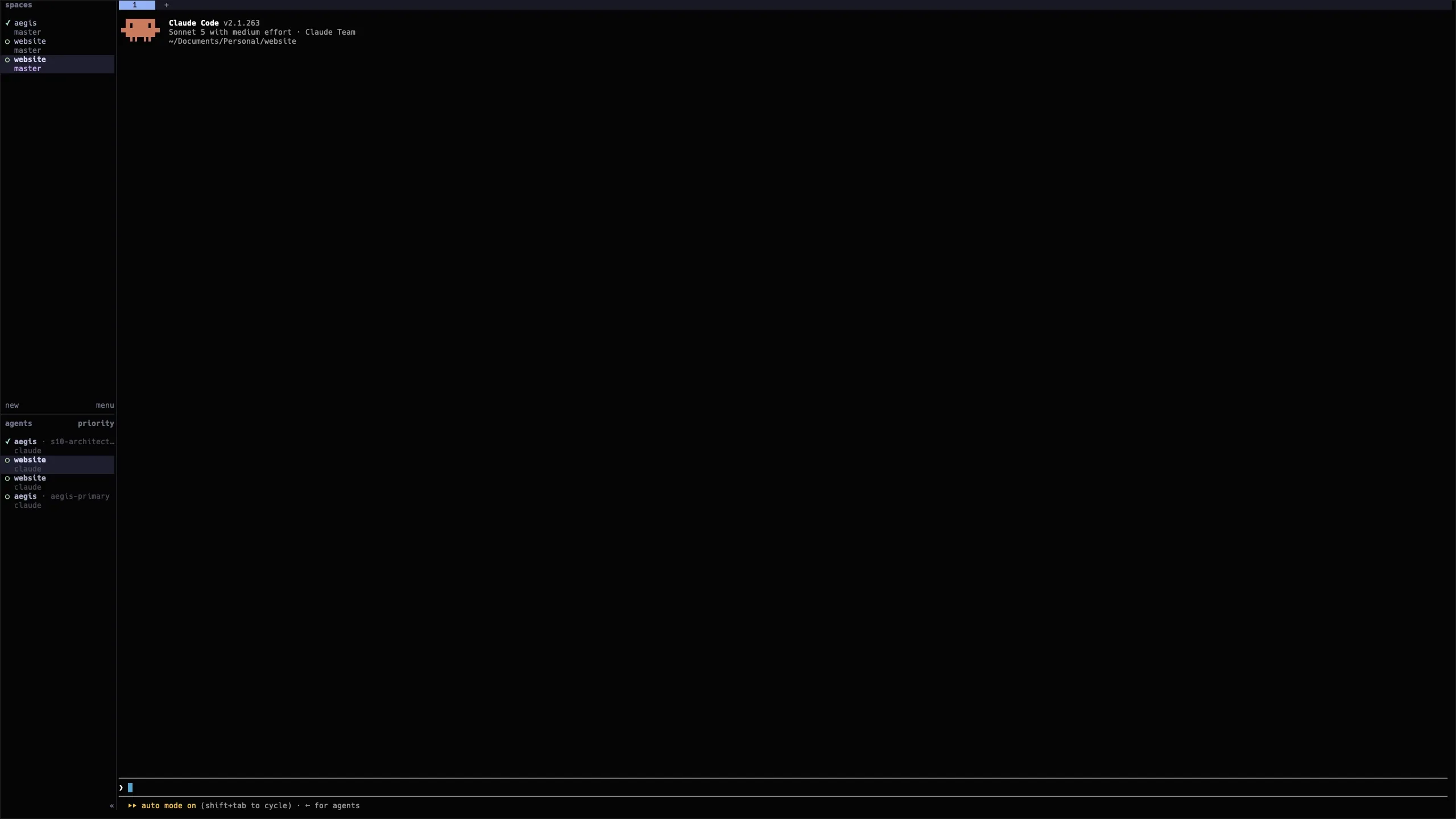 Herdr's sidebar showing two spaces, aegis and website, each with their own agent sessions listed below with a priority indicator